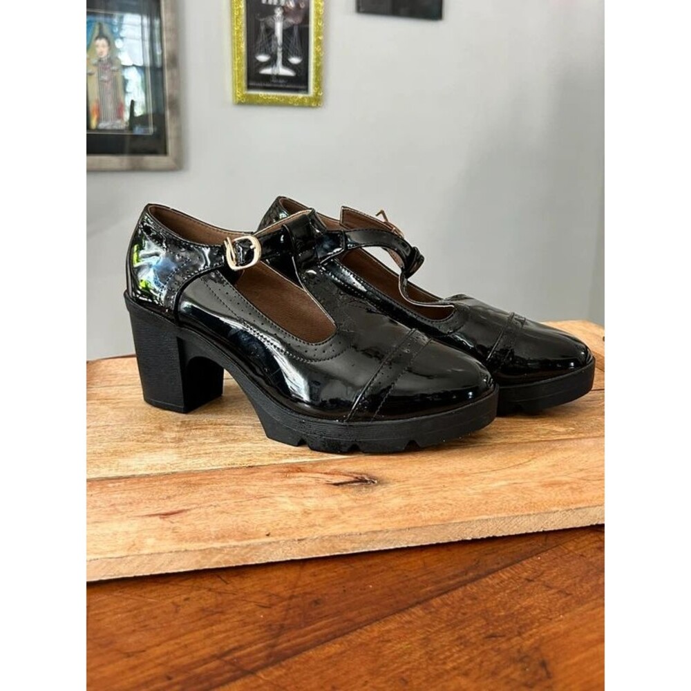 Dadawen Black Patent Chunky Mary Janes Dark Academia Size 40 9.5